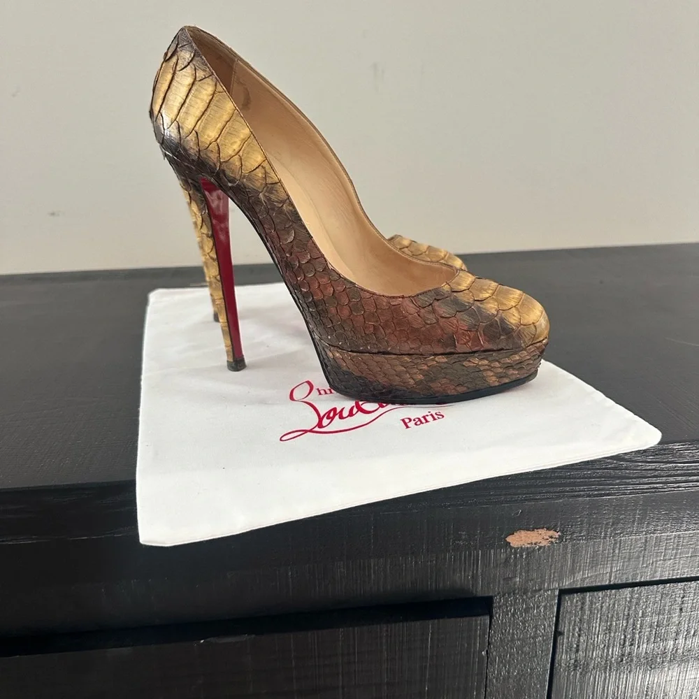 Christian Louboutin Gold and Brown Platform Heels - Picture 3 of 4
